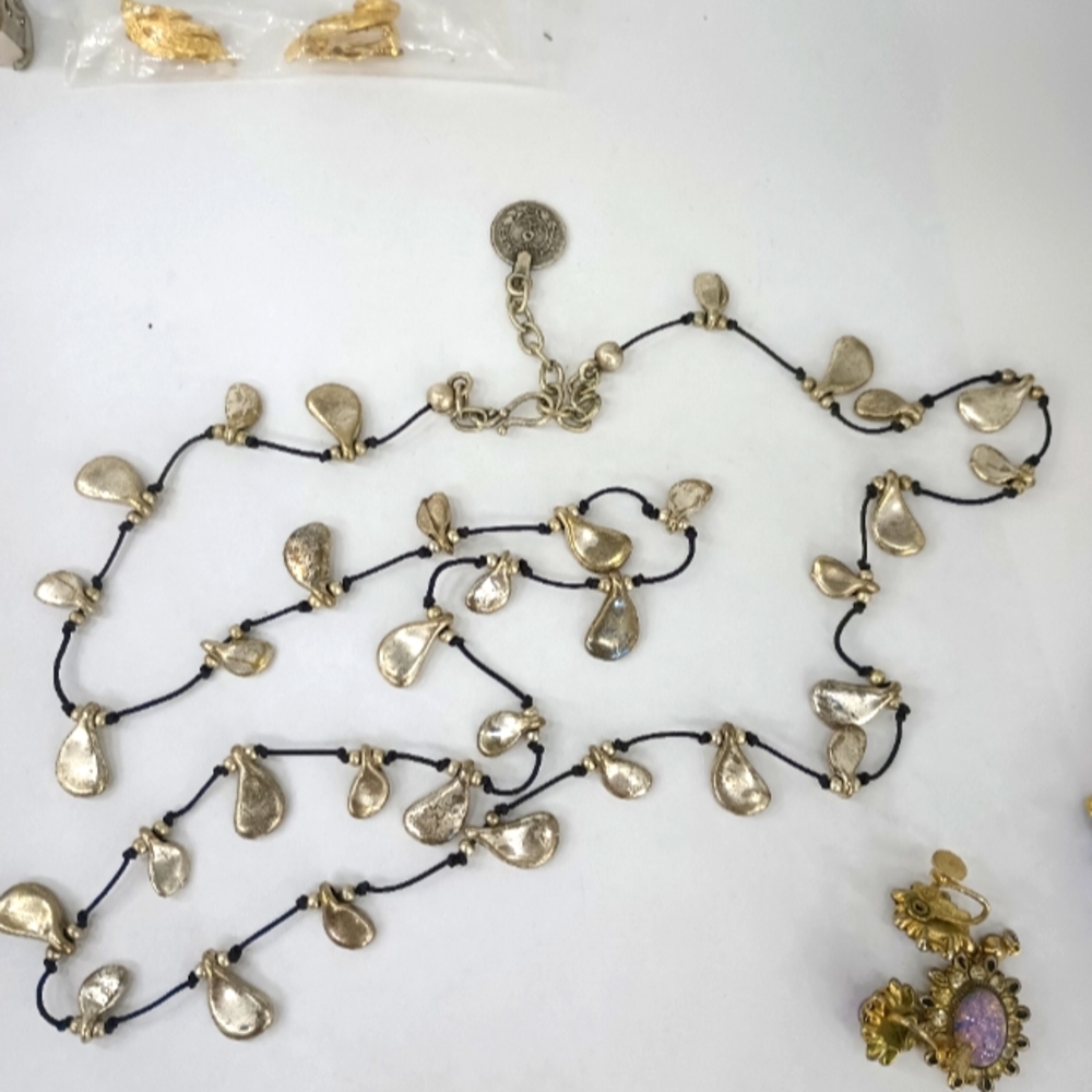 Black Silk with Pewter Tear Drop Long Statement Necklace